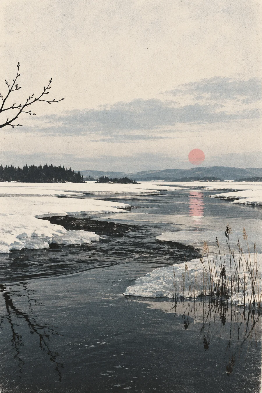 春日融雪汇入河流的插画